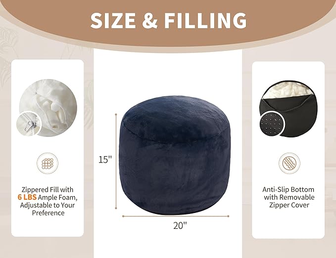 Boho Ottoman Living Room Furniture 20"x15" Round Ottomans Pouf Couch Foot Rest Navy Pouf Ottoman Foot Rest with Foam Chunk Filling Pouffe Ottomans Stuffed Foot Rests Poufs for Couch-Ruum Studio Home