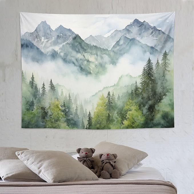 HZOHNAGO Mountain Tapestry Misty Green Forest Mountain Pattern Printed Wall Tapestry Wall Hanging for Bedroom Living Room Dorm 80" W x 60" H-Ruum Studio Home