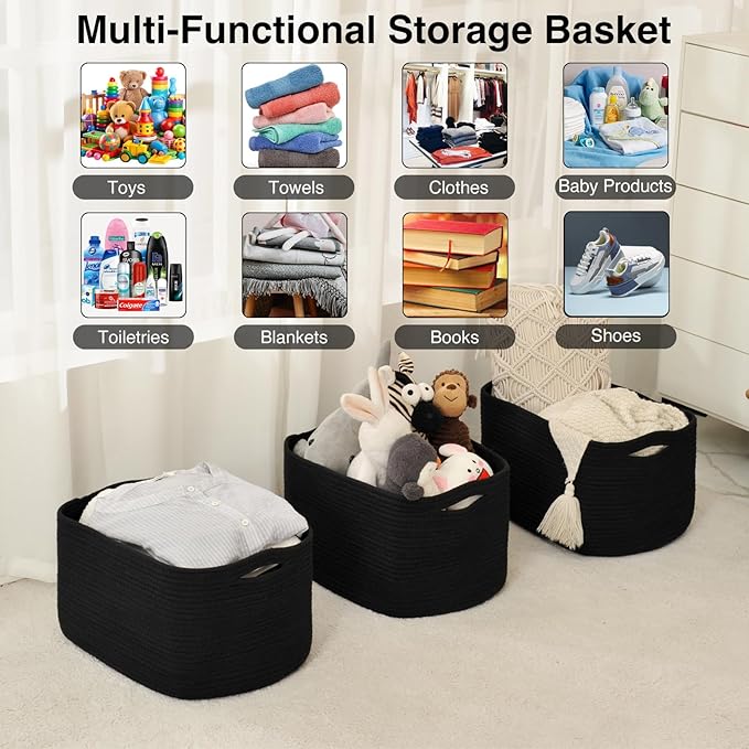 Large Storage Baskets for Organizing Shelves, Woven Cotton Rope Bins for Baby Nursery Organization, Book Toy Towel Organizer, 17"x13"x9.5", 3 Packs, Black-Ruum Studio Home