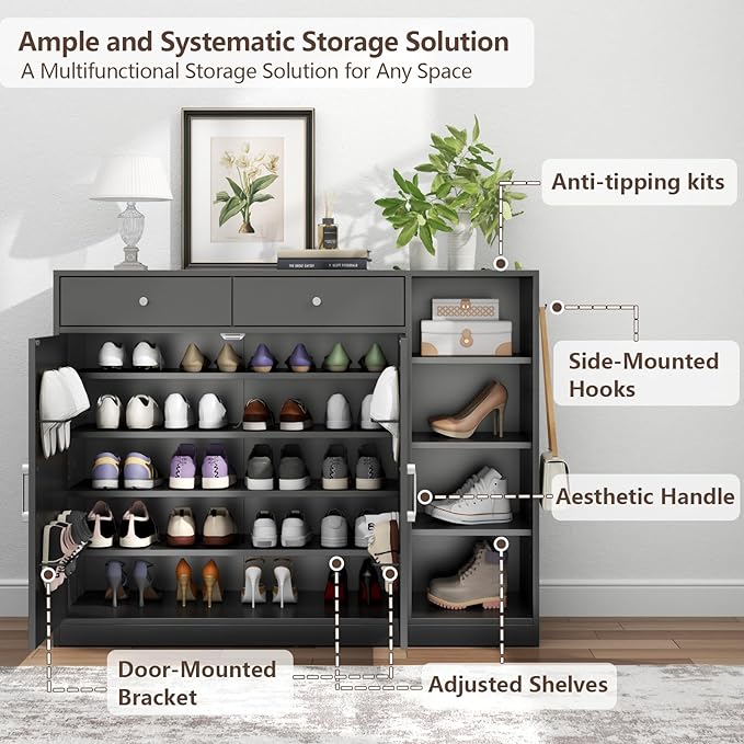 Loomie 5-Tier Shoe Cabinet with 4 Side Cubbies, Farmhouse Shoe Rack Cabinet with 6 Adjustable Shelves & 2 Drawers, Freestanding Shoe Storage Cabinet with 4 Brackets & 2 Hooks for Entryway (Black)-Ruum Studio Home