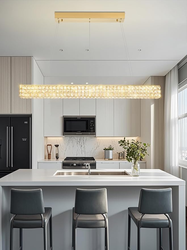 W48 Rectangular Gold Crystal Chandelier Modern Rectangle Pendant Ceiling Light Fixture for Living Room Dining Room Kitchen Island Bar-Ruum Studio Home