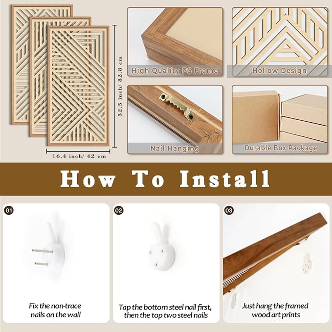 IARTTOP 3 Pieces Wood Boho Wall Art Framed Mid century Modern Wooden Wall Decor Large Minimalist Geometric Line Decor for Living Room Bedroom Office-16 x32-Ruum Studio Home