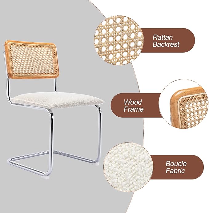 Mid Century Modern Rattan Dining Chairs Set of 4, Boucle Kitchen Chairs with Handwoven Mesh Rattan Backrest and Metal Legs, Upholstered Accent Side Chairs, White-Ruum Studio Home