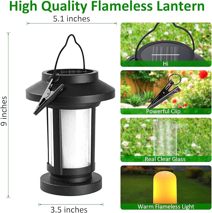 Derynome Solar Lantern Outdoor Lights, 4 Pack Upgraded Flickering Flameless Solar Lights Outdoor Waterproof, Hanging Decorative Lanterns for Yard Patio Path Garden Decor (4)-Ruum Studio Home