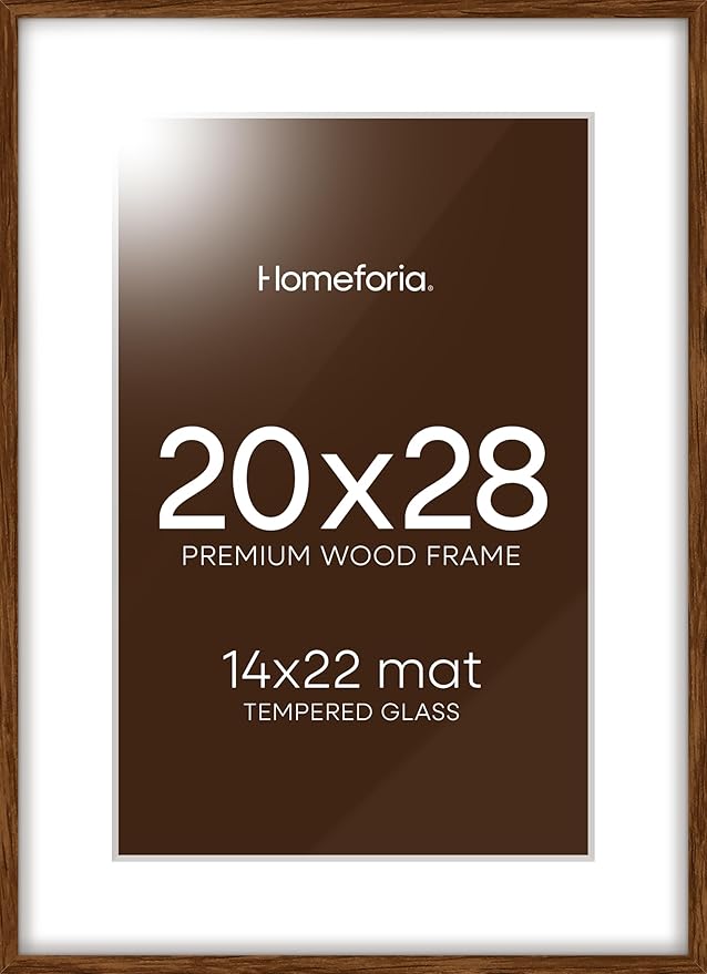 Homeforia 20x28 Picture Frame Brown, High End Dark Oak 20x28 Walnut Wooden Poster Frames with Mat 14x22, 20 x 28 Wood Frame Matted to 14 by 22, 28x20 Hanging Frames, Tempered Glass, Wall Kit, Set of 1-Ruum Studio Home