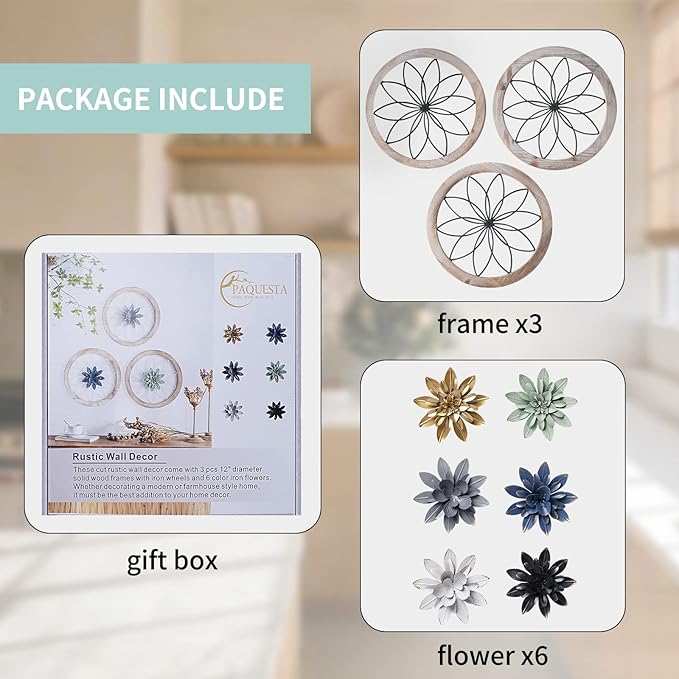 Paquesta 3 Piece Round Farmhouse Wall Decor with 6 Piece Interchangeable Flowers 12'' Medallion Wood & Metal Rustic Wall Art for Living Room Bedroom Kitchen Bathroom Dining Room Home Decorations-Ruum Studio Home