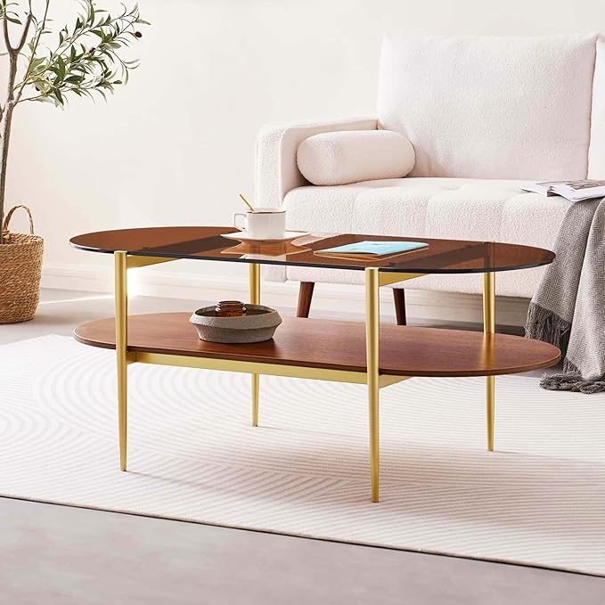 Oval Glass Coffee Table, Mid-Century Modern Design, L41 x W21 x H17 inch, for Living Room, 2-Tier Structure, Amber Glass Top and Walnut Finish Wood Shelf, Conical Legs with Gold Finish Frame-Ruum Studio Home