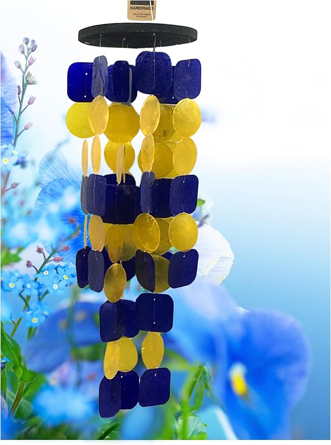 Bellaa 24889 Wind Chimes Outdoor, Garden Decorations, Musical, Indoor/Outside Windchimes, Beach, Ocean Breeze, Gifts for Mom, Gift for All Occasions, Capiz Sea Glass Shells Wood Yellow Blue-Ruum Studio Home