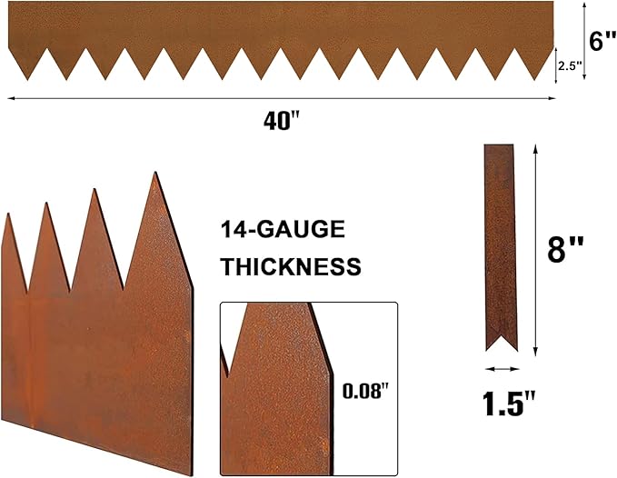 Worth Garden 6-Pack Pre-Rusted Cor-Ten Steel Landscape Edging - 40" L x 6" H Each (20ft Total) - No-Dig Hammer-in Heavy Duty 14-Gauge Metal Edging Border w/ 7 Clips & Gloves - Edge for Lawn Yard-Ruum Studio Home