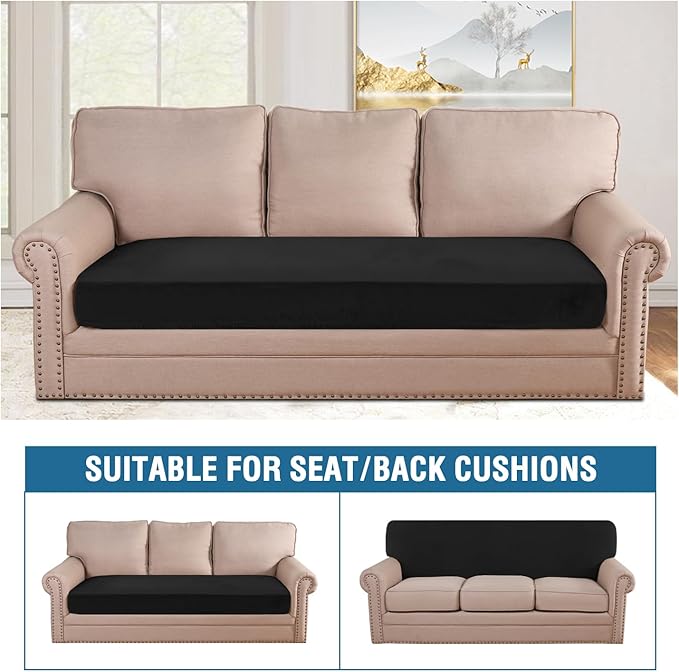 H.VERSAILTEX Velvet Stretch Individual Couch Cushion Cover Plush Cushion Slipcover for Loveseat Sofa Cushion Furniture Protector Seat Cushion Sofa Cover (1 Piece Sofa Cushion Cover, Black)-Ruum Studio Home
