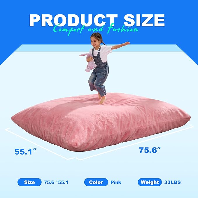 Hobestluk 3 in 1 Bean Bag Chair Giant Bean Bag Chairs for Adults with Chevron Plush Fur Cover Convertible Bean Bag Floor Cushion with Machine Washable Cover for Living Room (Plush Pink)-Ruum Studio Home