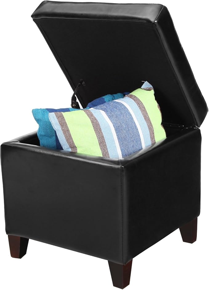 Adeco Storage Ottoman Foot Rest Stool, Leather Ottoman Footstool with Wood Legs and Hinged Lid, 18" Small Foot Stool Bench for Living Room, Bedroom, Black-Ruum Studio Home