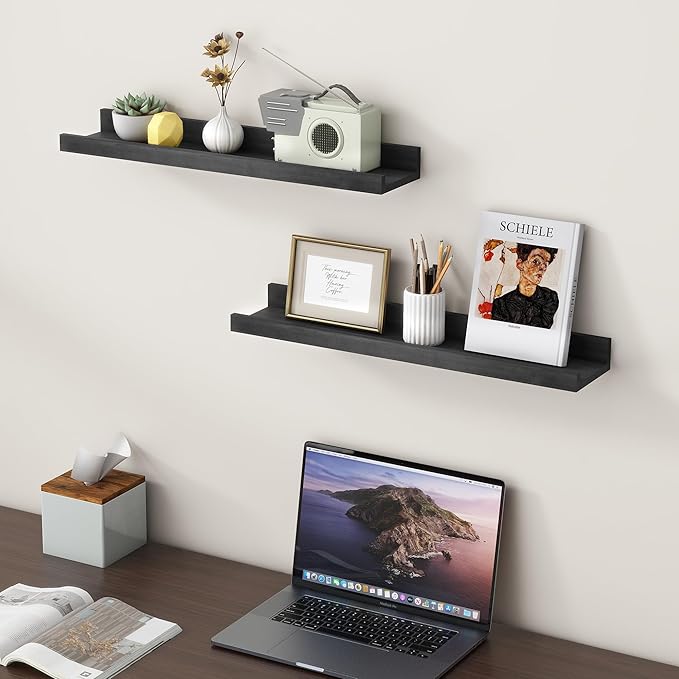 Picture Ledge Shelf for Wall, 24 inch Solid Pine Wood Nursery Book Shelves 2 Packs, Floating Ledge Shelves for Kids' Room Bedroom Bathroom Living Room Photo Frames Office Nursey Wall Decor, Black-Ruum Studio Home