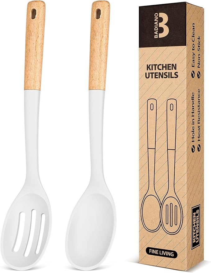 Silicone Cooking Spoons, Great for Scooping Sides and Serving Hearty Stews, BPA-Free Matte Silicone, Wooden Handle Serving Spoon for Nonstick Cooking Surfaces (White)-Ruum Studio Home