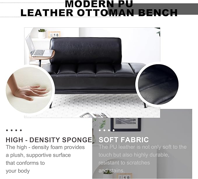Sofa,Bed Bench,Small Spaces Furniture,Polyurethane Leather,Wood Frame,High Density Sponge Infillings,360-Degree Swivel Tray,Black Metal Leg (Black)-Ruum Studio Home