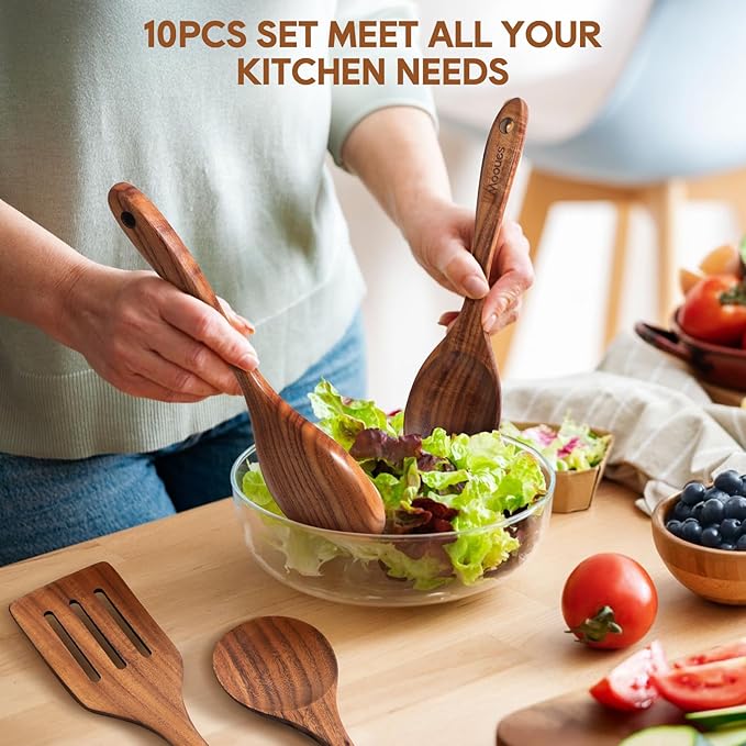 Wooden Spoons for Cooking, 10PCS Teak Wood Cookware Utensil Set with Hooks - Smooth Finish, Non-Stick, Comfortable Grip, Heat Resistant Kitchen Utensils-Ruum Studio Home