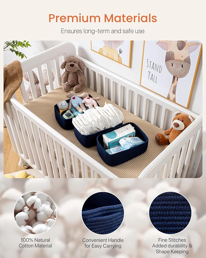 KALLAX Small Woven Basket, 12 x 8 x 4.5 Inches, Storage Basket for Organizing, Cute Small Rope Shelf Closet Cube Storage Bins Baskets for Shelves, Dog Toy Gift Baskets Empty, 3 Packs, Navy Blue-Ruum Studio Home