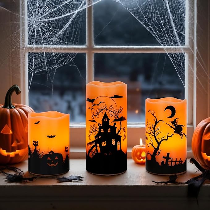 Wondise Halloween Rechargable Flickering Flameless Candles with 6H Timer, Battery Operated LED Real Wax Candles with Charging Base Set of 3 Halloween Home Decoration Gifts(3 x 4 5 6 Inch)-Ruum Studio Home