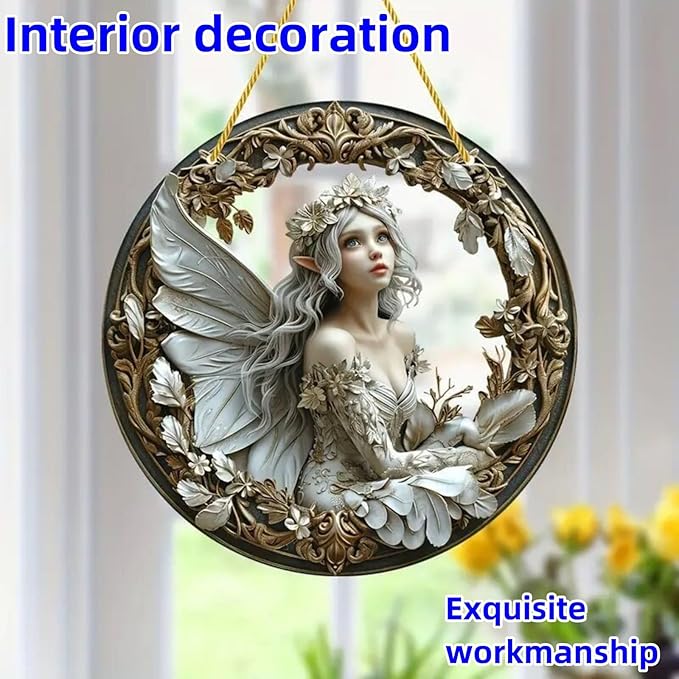 Flower Fairy Garden Decorations Angel Wing Christmas Halloween Deco Statue Art Elf Sculpture Hanging Craft for Outdoor Yard Courtyard Lawn Patio Window Acrylic Ornament Home Gift (D,L: 8*8 IN)-Ruum Studio Home