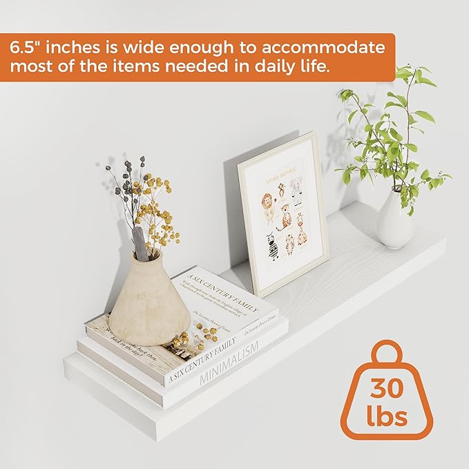 Fun Memories Floating Shelves for Wall, 22.5" Rustic Wood Deep Wall Mounted Shelves with Invisible Brackets for Decor & Storage, Floating Shelf for Living Room, Bathroom (White, Set of 2)-Ruum Studio Home