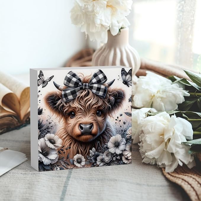 Highland Cow Decor, Highland Cow Gifts for women, Highland Cow Nursery Decor, Wooden Box Decor Sign for Home Farmhouse Office Living Room Table Shelf Tiered-Ruum Studio Home