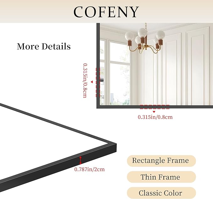 Black Bathroom Mirror for Wall, 60x36 Inch Rectangle Mirrors with Metal Frame, Large Modern Vanity Wall Mirror for Bathroom Living Room, Entryway Hangs Horizontal or Vertical-Ruum Studio Home