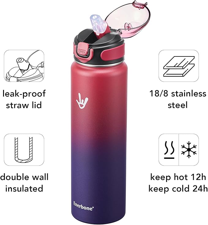 Enerbone 32 oz Insulated Water Bottle, Stainless Steel Bottle with Carrying Strap, Double-Wall Vacuum Insulation Design, Leakproof Sports Bottle with Straw, Keep Drinks Cold or Hot for Hours-Ruum Studio Home