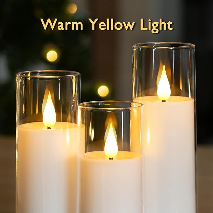Amagic Pure White Flameless Candles, 9 Pack Battery Operated Candles with Remote and Timer, Acrylic Flickering Electric LED Candles for Wedding, Holiday Decor, D2.2''xH5''6" 7", Warm Yellow Glow-Ruum Studio Home