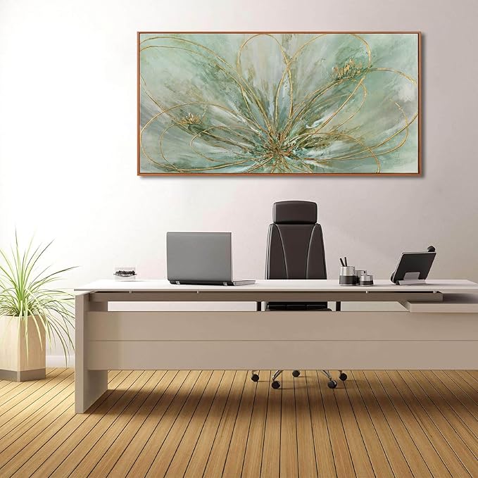 YJYart Green Abstract Canvas Artwork Flowers Wall Decor for Office Line Art Painting 24"x 48" Pictures for Bedroom Dining Room Neutral Wall Art-Ruum Studio Home