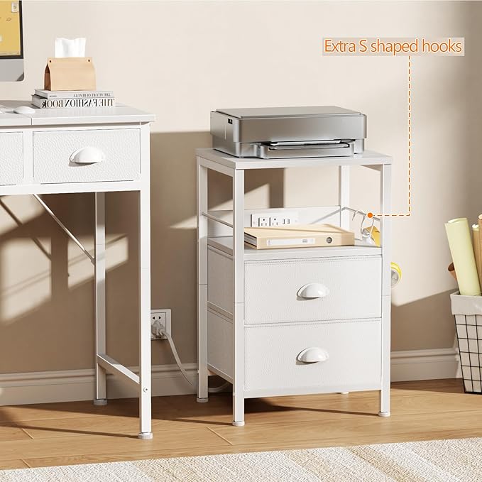 Furologee End Table with Charging Station, Nightstand with Fabric Drawers, Side Tables with USB Ports & Outlets, Night Stand with Storage Shelf & Hooks, for Living Room/Bedroom, White-Ruum Studio Home