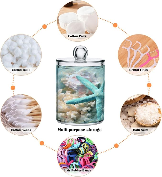 2 Pack Qtip Holder Organizer Dispenser Seashell Starfish Summer Beach Bathroom Storage Canister Cotton Ball Holder Container for Cotton Swabs/Pads/Floss-Ruum Studio Home
