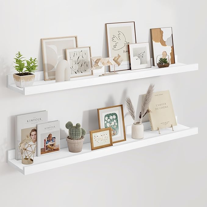 Floating Picture Ledge Shelves 36 Inch Solid Oak Wood Set of 2, Rustic Wall Storage Shelves with Lip, Kids Bookshelf, Photo & Picture Ledge Shelves for Bedroom, Living Room, Kitchen-Ruum Studio Home