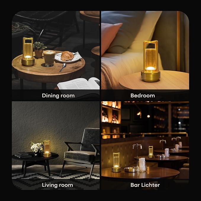 Portable Metal Table Lamp for Indoor/Outdoor ,Rechargeable Cordless LED Lamp, 3-Colour Infinitely Dimming Battery Powered Small Desk Lamp, Restaurant/Bedroom/Bar/Coffee/Camping Light (Gold Set of 2)-Ruum Studio Home