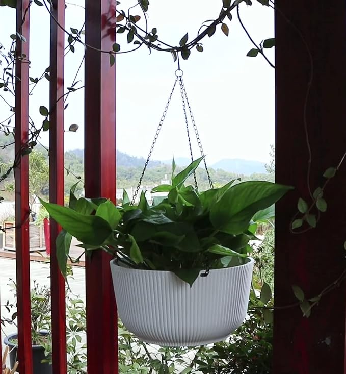 Dexceder 11.2 Inch Self Watering Hanging Planters Indoor Outdoor, Thickened Hanging Basket Flower Plant Pot (2 Pack, White)-Ruum Studio Home