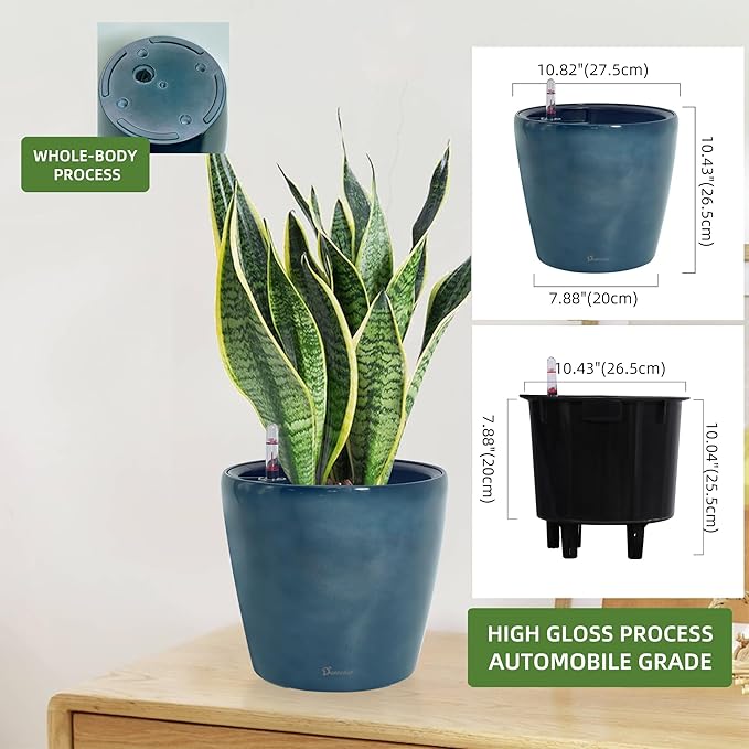 Dexceder 11x10 Inches Self Watering Planter Indoor Outdoor, Inner Pot Design, Thickened Table Flower Plant Pot with Water Level Indicator (Grayish Green Gradient)-Ruum Studio Home