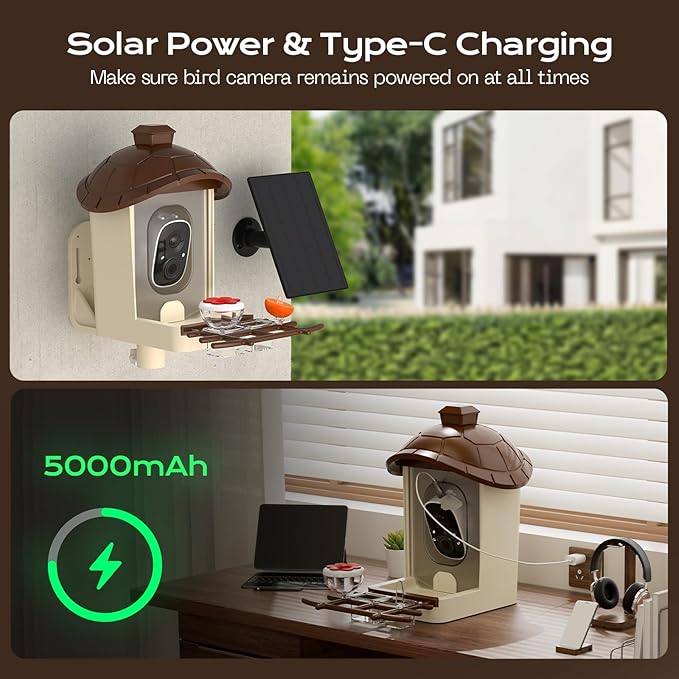 Bird Feeder with Camera, 2K HD Live Video, Smart Bird Cam Solar Powered with AI Birds Species Identification, Auto Capture Video, Instant Arrival Alerts, Best Gifts for Mom Dad-Ruum Studio Home