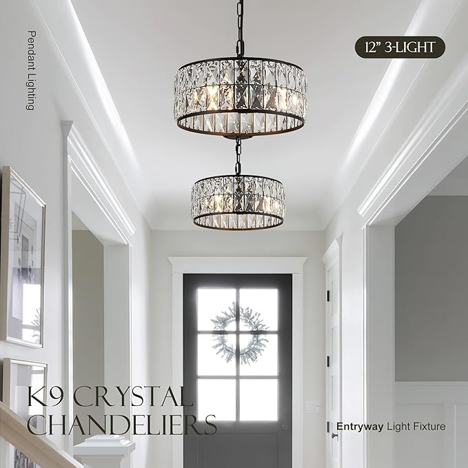 12” 3-Light Modern Crystal Chandeliers Black Dinning Room Light Fixture, Round Pendant Light Kitchen Island Chandelier, Flush Mount Ceiling Light for Living Room Entryway Bedroom Foyer-Ruum Studio Home