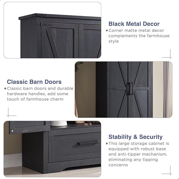 Farmhouse Kitchen Pantry Cabinet - 72" Tall Large Wood Kitchen Storage Cabinets with Adjustable Shelves & 2 Barn Doors & Drawer, Versatile Storage for Dining Room, Bathroom, Living Room, Antique Black-Ruum Studio Home