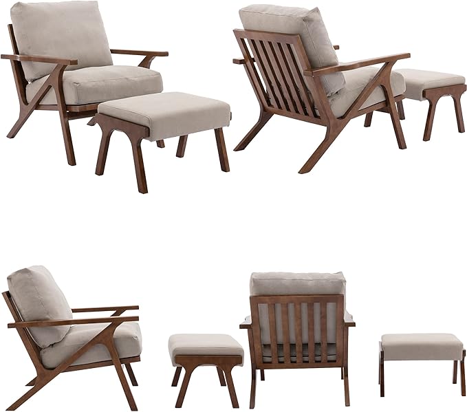 Mid Century Modern Accent Chair with Ottoman, Farmhouse Linen Upholstered Living Room Armchair and Ottoman Set, 23" Seat Wide Retro Leisure Lounge Chair with Wood Frame for Home, Bedroom, Beige-Ruum Studio Home