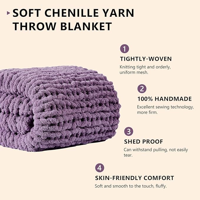 L'AGRATY Chunky Knit Blanket Throw: 50''x60'' Chenille Chunky Knitted Throw Blanket for Bed Couch - Handmade Thick Big Cable Knit Blanket - Large Crochet Rope Blanket for Home Decor(Deep Purple)-Ruum Studio Home