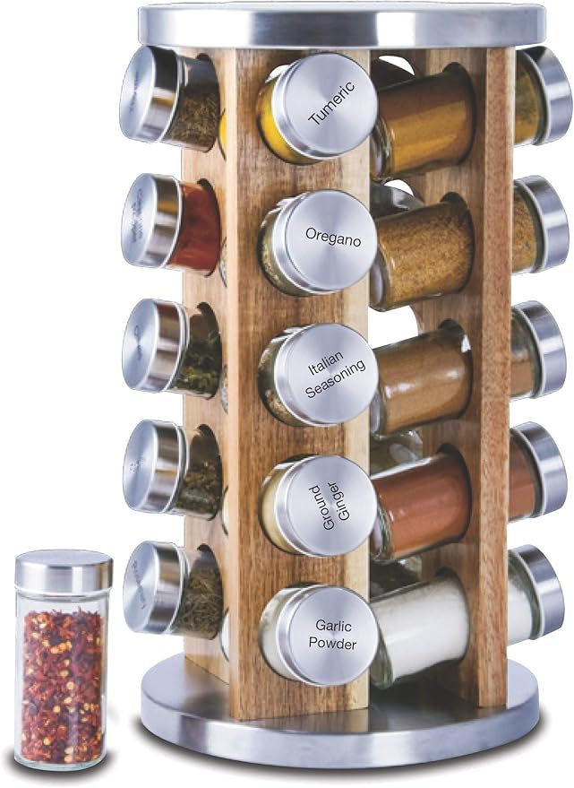 Orii 20 Jar Spice Rack with Spices Included - Tower Organizer for Kitchen Spices and Seasonings, (Natural Acacia Wood)-Ruum Studio Home