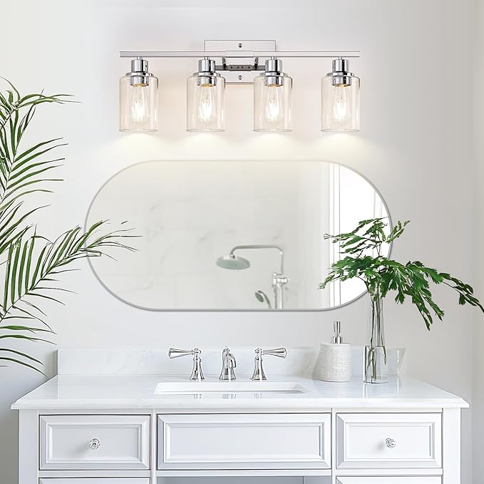 4 Light Bathroom Light Fixtures, Chrome Vanity Lights with Clear Glass Shades, Modern Bathroom Light Fixtures Over Mirror, Modern Bathroom Wall Lamp for Mirror Living Room Cabinet-Ruum Studio Home