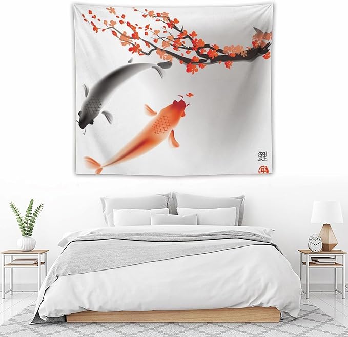 Houselerax Japanese Koi Fish Tapestry, Cherry Blossoms Asian Oriental Flower Branch Koi Fish Carp Tapestries Wall Hanging for Bedroom Living Room Office Decor 60"x50"-Ruum Studio Home