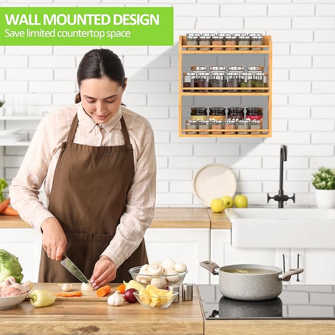 Bamboo Spice Rack Organizer, 3 Tier Spice Jars Shelf for Kitchen Countertop or Wall Mounting-Ruum Studio Home