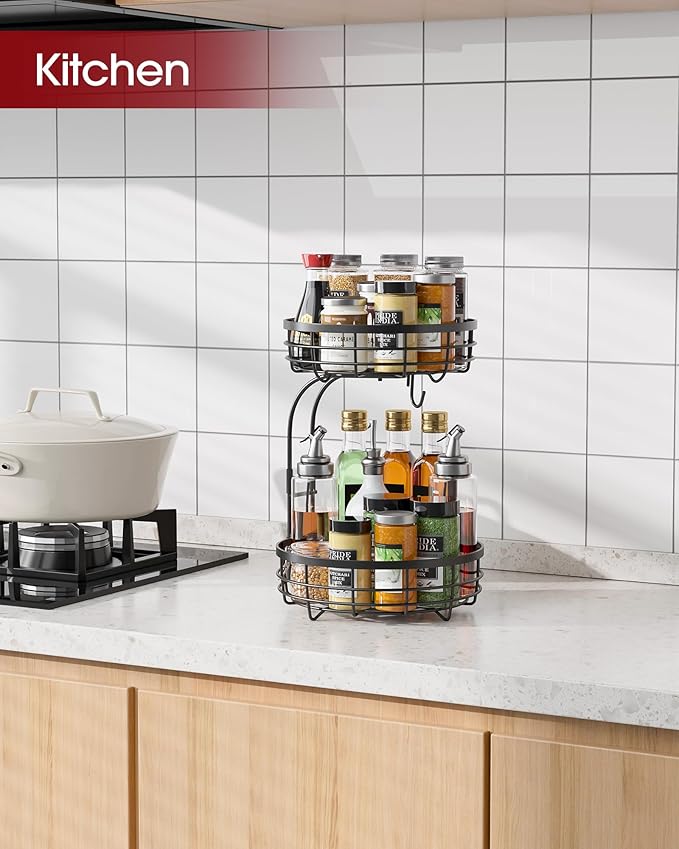 Fruit Basket for Kitchen Counter - 2-Tier Large Capacity Fruit Bowl with Detachable Banana Hanger, Rust-Proof Metal Fruit Holder for Vegetables, Bread, Toiletry,10" D x 10" W x 14" H, Black-Ruum Studio Home