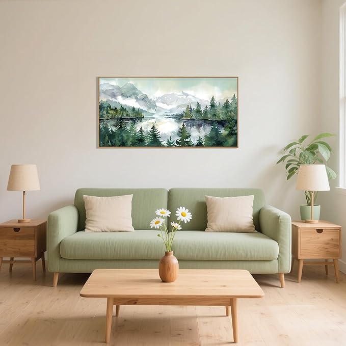 Celestdeco Watercolor Mountain Framed Canvas Wall Art Set, Boho Forest Wall Decor, Nature Green Pines Wall Painting, Forest Wilderness Artwork for Living Room, Bedroom, Dining Room, Office - 20"x40"x1-Ruum Studio Home