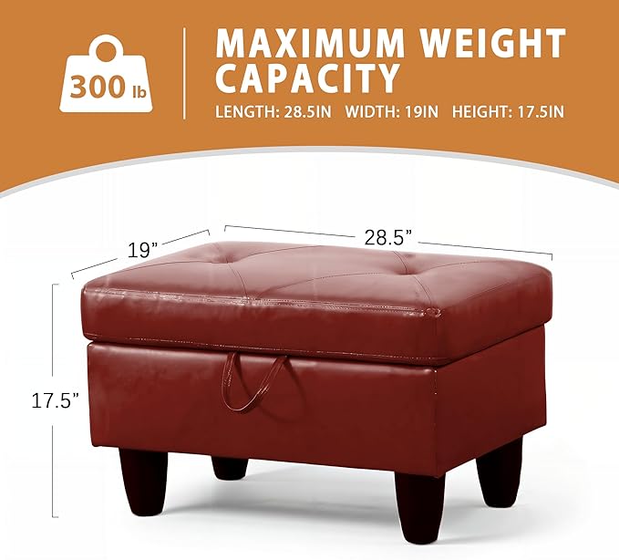 Ottoman Rectangular Storage Ottoman Bench, Faux Leather Footrest, Coffee Table, Stool Footstool with Hinged Lid for Living Room, Bedroom, Entryway, Red, 28.5"x19"x17.5"-Ruum Studio Home
