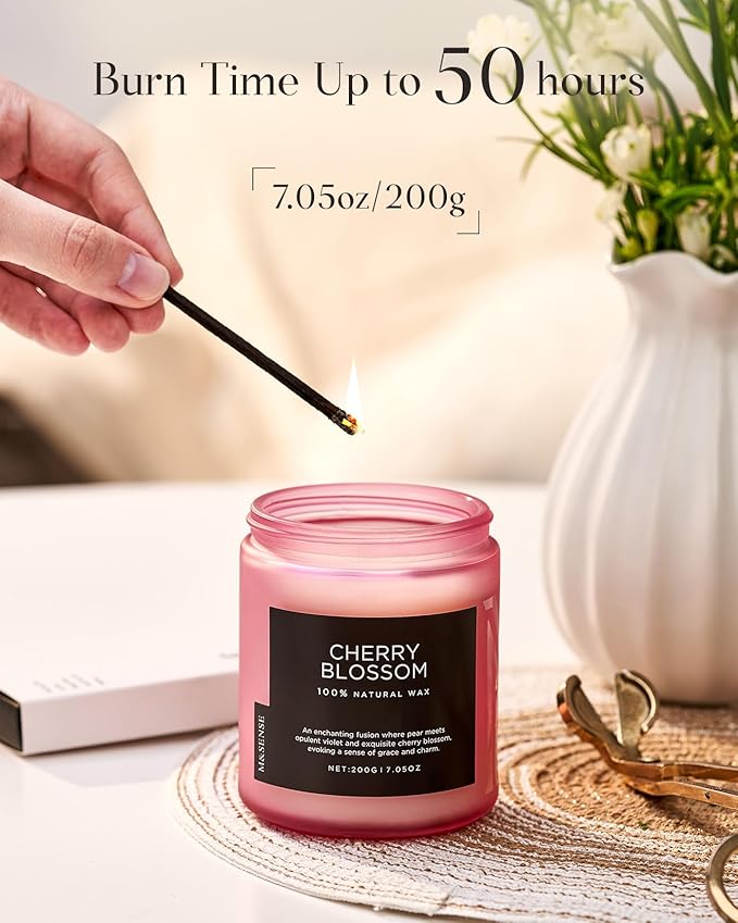 M&SENSE Cherry Blossom Scented Spring Candle, Best Smelling Stress Relief Aromatherapy Candle, 50 Hours 7.05oz Natural Soy Wax Romantic Candle Gifts for Women & Home Decor-Ruum Studio Home