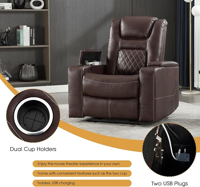 CANMOV Electric Power Recliner Chair Set of 2, Breathable Leather Home Theater Seating with Hidden Arm Storage, Power Recliner Chair for Living Room with USB Ports and Cup Holders,Red Brown-Ruum Studio Home