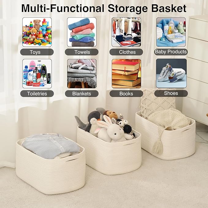 Large Storage Baskets for Organizing Shelves, Woven Cotton Rope Bins for Baby Nursery Organization, Book Toy Towel Organizer, 17"x13"x9.5", 3 Packs, Off White-Ruum Studio Home